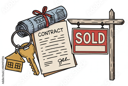 Hand-drawn illustration of a real estate contract keys and sold sign representing property sale and home ownership