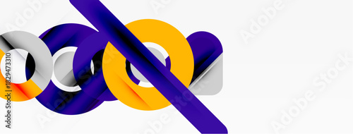 Abstract shapes overlap, creating dynamic composition. Purple, silver, gold tones dominate design. Modern, minimalist aesthetic.