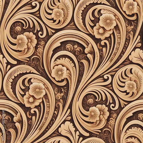 Intricate western style leather tooling pattern featuring swirling floral motifs and detailed embossed textures