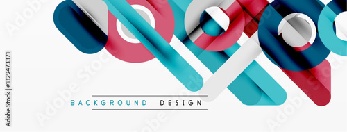 Abstract lines, curves, shapes create modern background. Blue, red, white colors dominate design, offering dynamic visual effect.