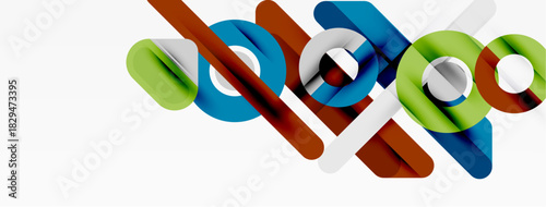 Abstract shapes overlap, creating dynamic composition. Colors include blue, brown, green, white. Modern design elements present.