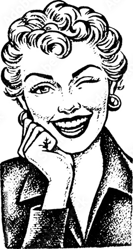 Vintage woman portrait with a cheerful smile. This black and white vector illustration captures a classic expression and playful style.