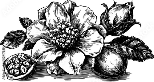 Pomegranate flower, bud, fruit, seeds, and leaves in handdrawn ink style. Botanical vintage set vector illustration with detailed linework.