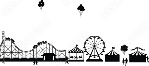 Amusement Park Fair Silhouette with Roller Coaster, Ferris Wheel, Carousel, and Carnival Tents, Black Vector Graphic for Fun and Entertainment Design