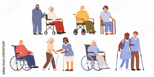 Diverse group of senior people receiving care and assistance flat vector illustration