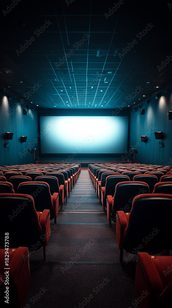 Fototapeta premium Empty cinema with illuminated screen and rows of seats in dark theater 