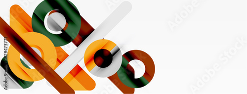 Abstract geometric shapes overlap, creating dynamic composition. Orange, green, gray tones dominate minimalist design. Clean lines suggest modern aesthetic.