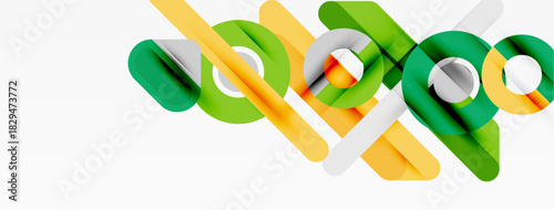 Abstract geometric shapes overlap, creating dynamic visual effect. Colors include green, yellow, gray, white. Modern design element.