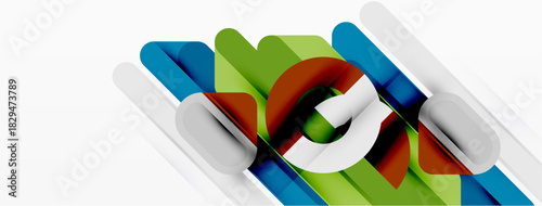 Abstract geometric shapes overlap, creating dynamic colorful design. Lines, curves, rectangles form modern visual composition.