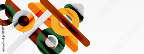 Abstract geometric shapes overlap, creating dynamic composition. Orange, green, gray, brown hues dominate design. Minimalist style.