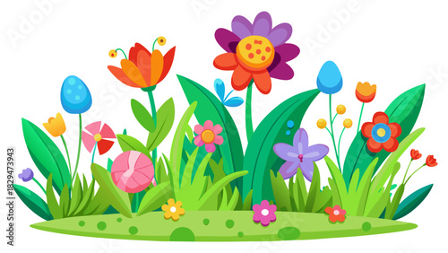  Vector illustration featuring vibrant spring garden grass and blooming flowers forming a playful border, with lively cartoon flora elements 