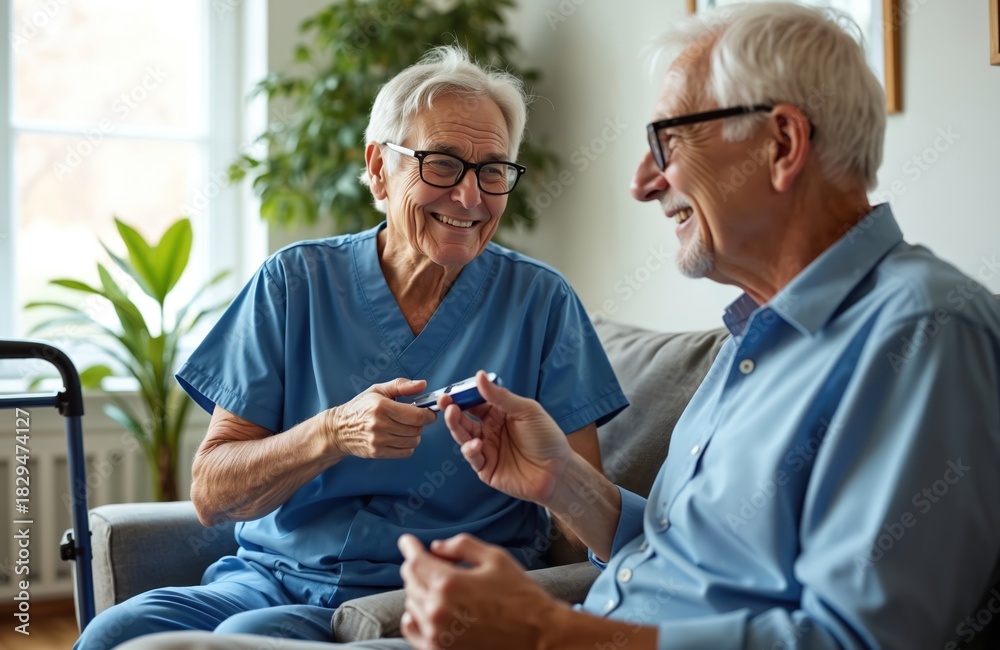 Obraz premium Happy senior man and nurse discuss blood sugar level. Elderly patient gets glucose check up at home. Home healthcare professional measures patient diabetes. Old man smiles.