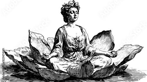 Lotus flower and woman in vintage outline drawing style. Meditative black and white vector illustration showcasing tranquility.