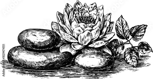 Water lily with stones in black and white outline style. Vintage vector illustration emphasizing nature's beauty and tranquility.