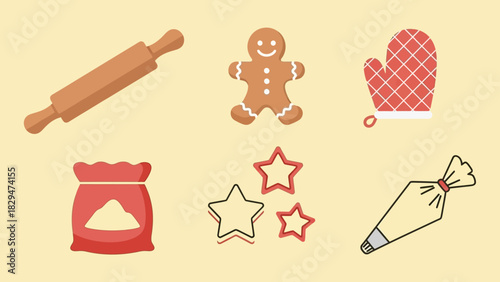 Christmas baking vector set icons including gingerbread man, rolling pin and cookie cutters for winter holidays
