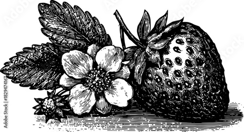 Black and white outline illustration of a strawberry, flower, and leaves. Vintage vector illustration depicting natural elements in a detailed set.