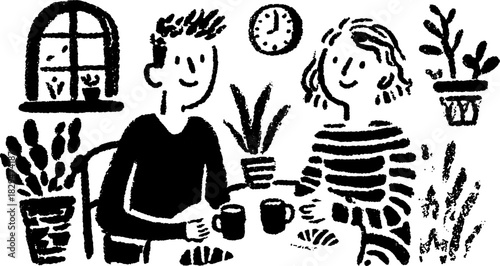 Couple sitting at a table with coffee cups and plants. Simple black vector illustration featuring a clock and home elements in a modern style.