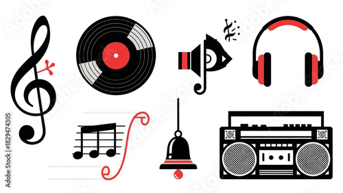 Festive Winter Christmas Vector Icon Set Musical Elements in a Holiday Theme