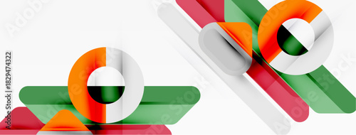 Abstract geometric shapes overlap, creating dynamic composition. Colors include orange, green, red, white. Modern design elements present.