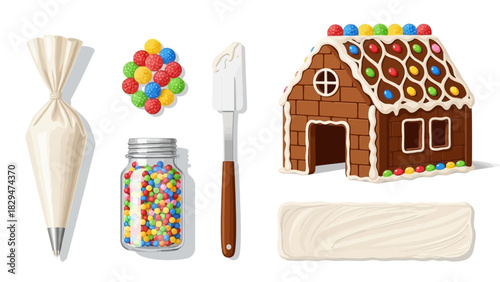 A festive winter gingerbread house making vector set with icing and candy decorations, a fun christmas icon collection