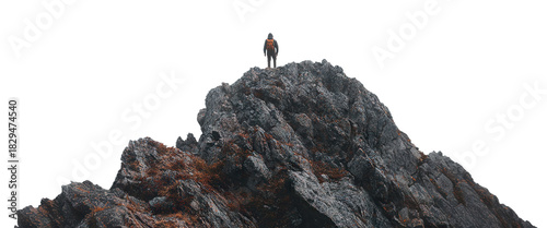 Traveler standing on picturesque rocky mountain peak, isolated on transparent cutout background