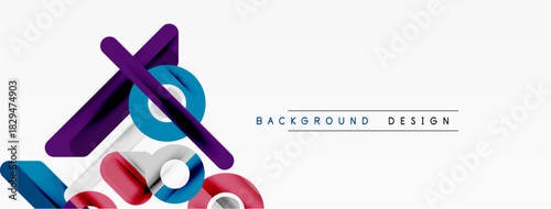 Abstract geometric shapes overlap, creating dynamic composition. Blue, red, purple hues dominate white background. Modern design element.