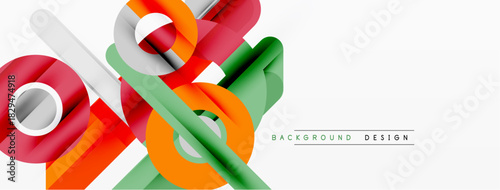 Abstract geometric shapes overlap, creating vibrant modern design. Colors include red, orange, green, gray. Minimalist style.