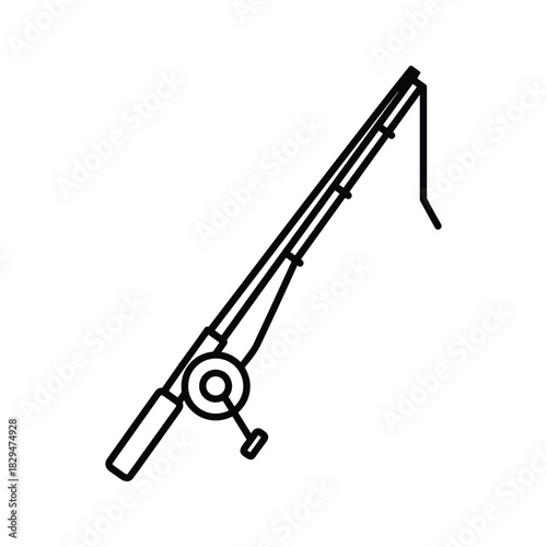 Simple line art icon of a fishing rod with reel for outdoor hobbies and recreational angling.