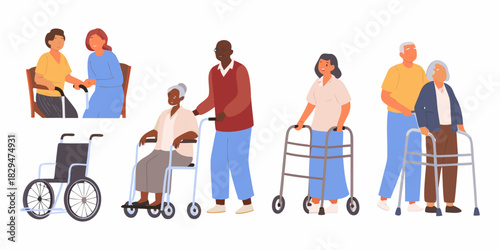 Elderly people with mobility aids and caregivers vector illustration