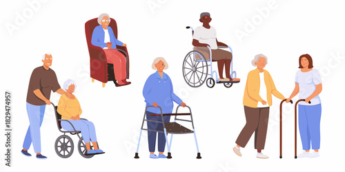 Diverse group of elderly people with mobility aids and caregivers