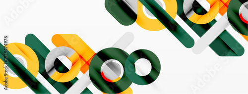 Abstract geometric shapes overlap, creating dynamic visual pattern. Colors include yellow, green, gray. Minimalist design, modern aesthetic.