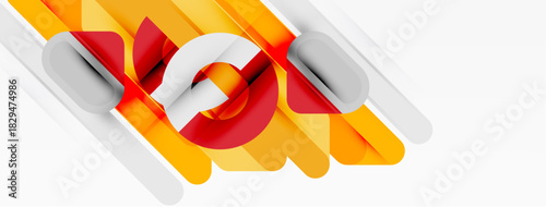 Abstract design features vibrant orange, red, white shapes. Dynamic composition creates modern visual impact. Smooth gradients suggest movement, depth.