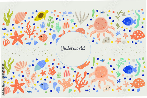 Colorful underworld illustration with marine life and a central text area