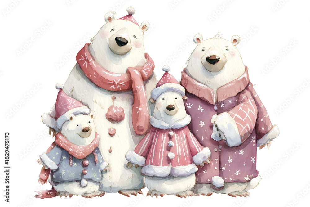 Obraz premium cute snowman family in christmas attire, in the style of clip art, watercolor, pastel colors, cute and whimsical. Design element for christmas card, website, poster, banner. Isolated on transparent ba