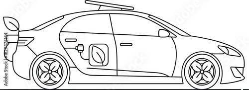 Eco-friendly electric car charging with solar panel line art