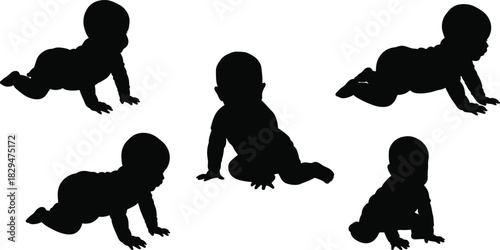 Baby Crawling Silhouette Set, Black Vector Collection of Infants and Toddlers Moving and Learning, Perfect for Early Childhood Development Design