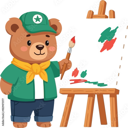 Cute bear painter with easel