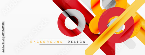 Abstract geometric shapes, vibrant colors, modern design elements. Red, yellow lines create dynamic composition. Minimalist style.