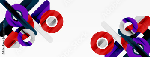 Abstract geometric shapes, vibrant colors, dynamic composition. Red, purple, navy, white elements create modern design.