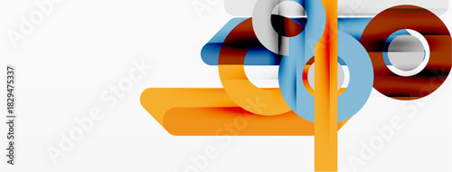 Abstract shapes overlap, creating dynamic composition. Colors include orange, blue, brown, white. Modern design elements present.