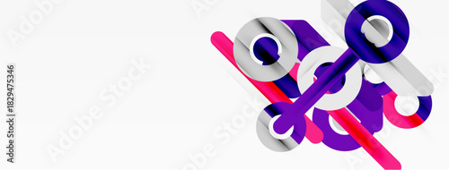 Abstract geometric shapes, purple, white, pink. Modern design elements create dynamic composition. Minimalist aesthetic.