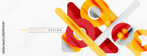Abstract geometric shapes overlap, creating dynamic visual effect. Yellows, reds, grays dominate composition. Clean design suitable background use.