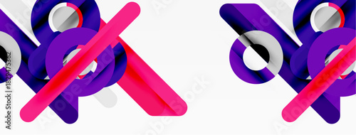 Abstract geometric shapes, purple, pink, silver. Overlapping circles, lines create dynamic composition. Modern design, clean aesthetic.