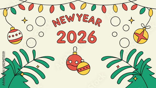 New year 2026 retro style greeting card banner with festive holiday string lights, classic christmas baubles, stylized evergreen tree branches, and floating circles.