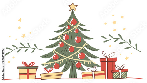 Festive christmas tree illustration with wrapped gifts, red baubles, and a golden star topper on a clean background, perfect for holiday season designs and decorations