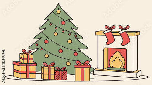 Christmas holiday illustration: decorated tree, ornaments, wrapped gifts, cozy fireplace with hanging stockings and a warm fire. evokes festive winter celebrations.