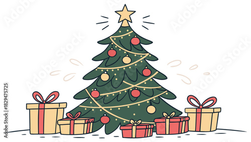 Festive hand-drawn christmas tree illustration with red and yellow ornaments, sparkling lights, golden star topper, and multiple wrapped gifts, perfect for holiday greetings and winter celebrations