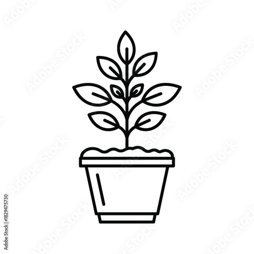 Simple line art icon depicting a small plant in a pot, representing natural growth and gardening.