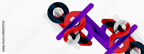 Abstract geometric shapes overlap, creating dynamic composition. Red, purple, silver lines form modern design. Minimalist aesthetic.