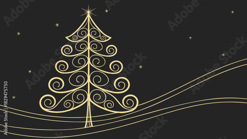 Elegant golden christmas tree illustration with decorative swirls and a star on top, surrounded by subtle sparkling stars and golden ground lines on a festive background